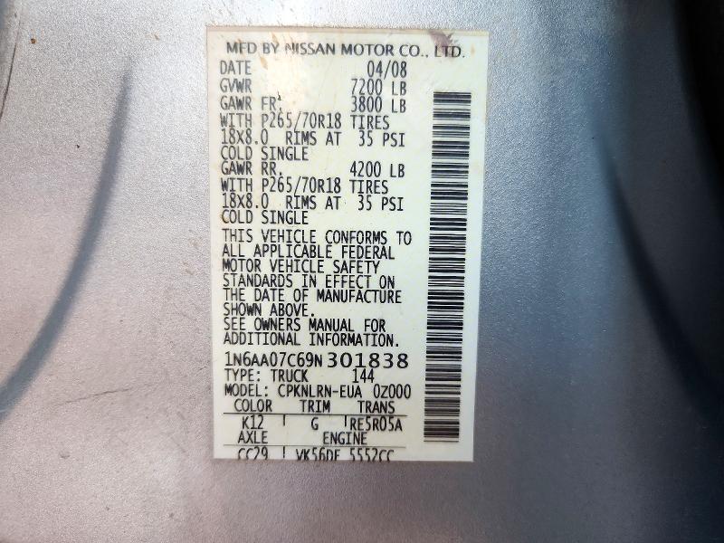 Aukcja sprzedaży 2009 Nissan Titan, vin: 1N6AA07C69N301838, numer aukcji: 71981486