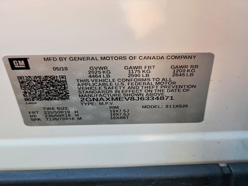 71249576 :رقم المزاد ، 2GNAXMEV8J6334871 vin ، 2018 Chevrolet Equinox مزاد بيع