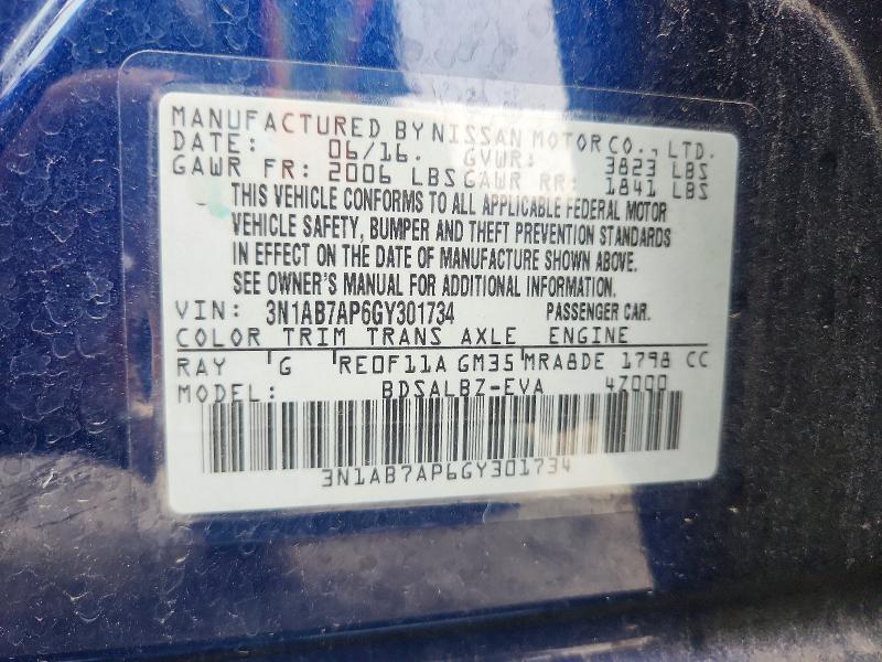 Продажа на аукционе авто 2016 Nissan Sentra, vin: 3N1AB7AP6GY301734, номер лота: 71960006