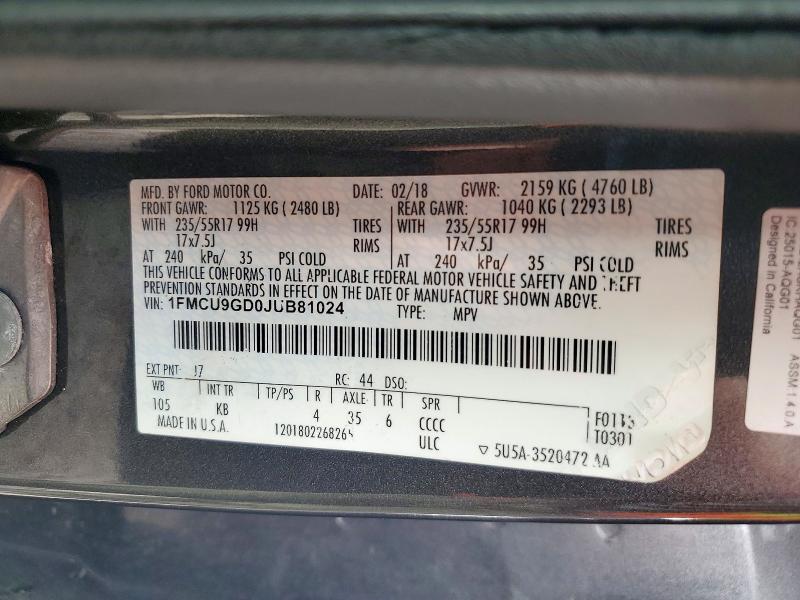 Продажа на аукционе авто 2018 Ford Escape, vin: 1FMCU9GD0JUB81024, номер лота: 72832806