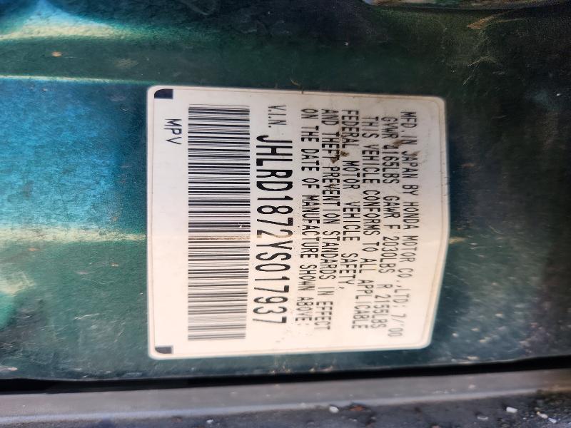 70520826 :رقم المزاد ، JHLRD1872YS017937 vin ، 2000 Honda Cr-v مزاد بيع