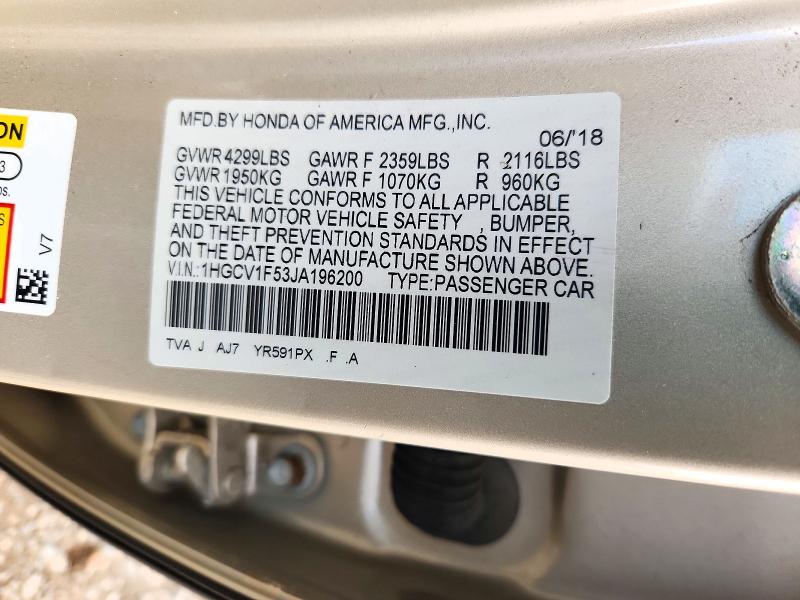 Aukcja sprzedaży 2018 Honda Accord, vin: 1HGCV1F53JA196200, numer aukcji: 72339716