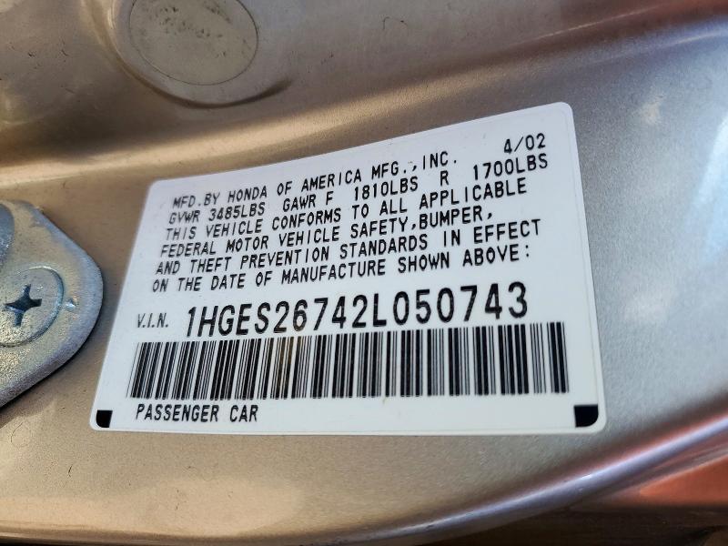 72169826 :رقم المزاد ، 1HGES26742L050743 vin ، 2002 Honda Civic مزاد بيع