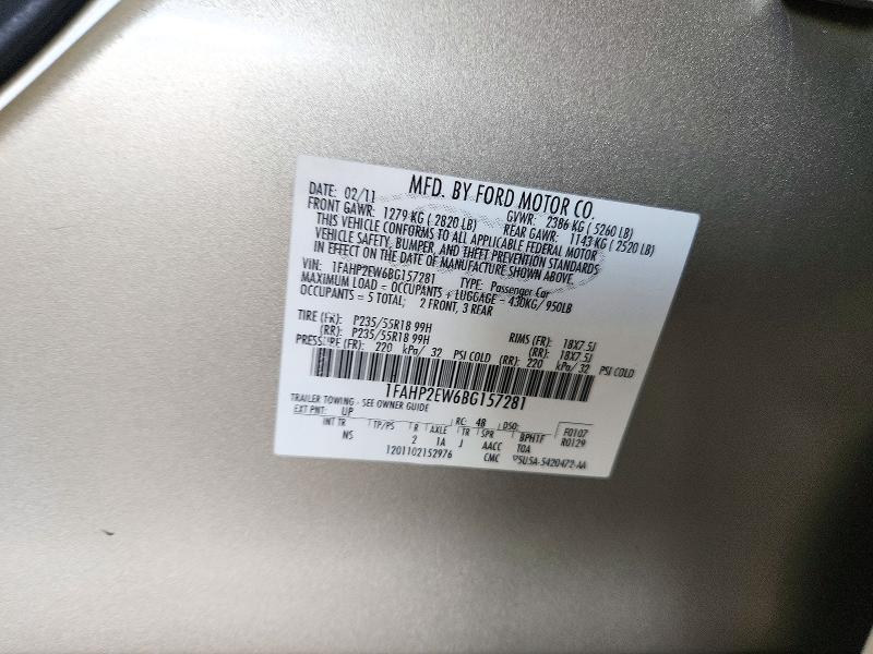 2011 Ford Taurus მანქანა იყიდება აუქციონზე, vin: 1FAHP2EW6BG157281, აუქციონის ნომერი: 72145796