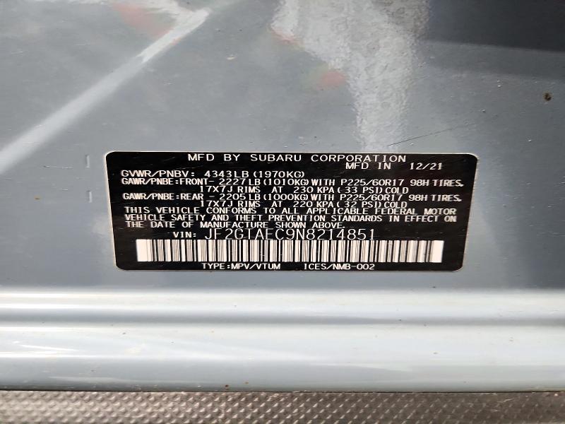 72100926 :رقم المزاد ، JF2GTAEC9N8214851 vin ، 2022 Subaru Crosstrek مزاد بيع