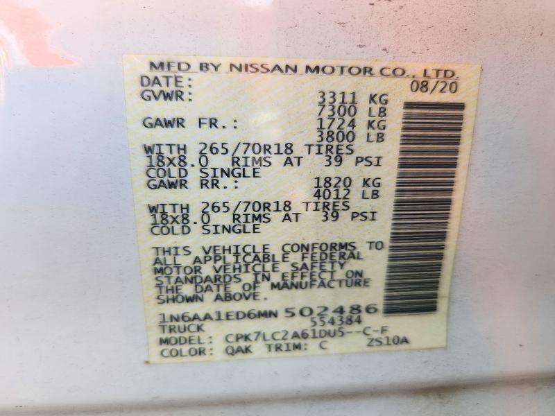 2021 Nissan Titan მანქანა იყიდება აუქციონზე, vin: 1N6AA1ED6MN502486, აუქციონის ნომერი: 73069026