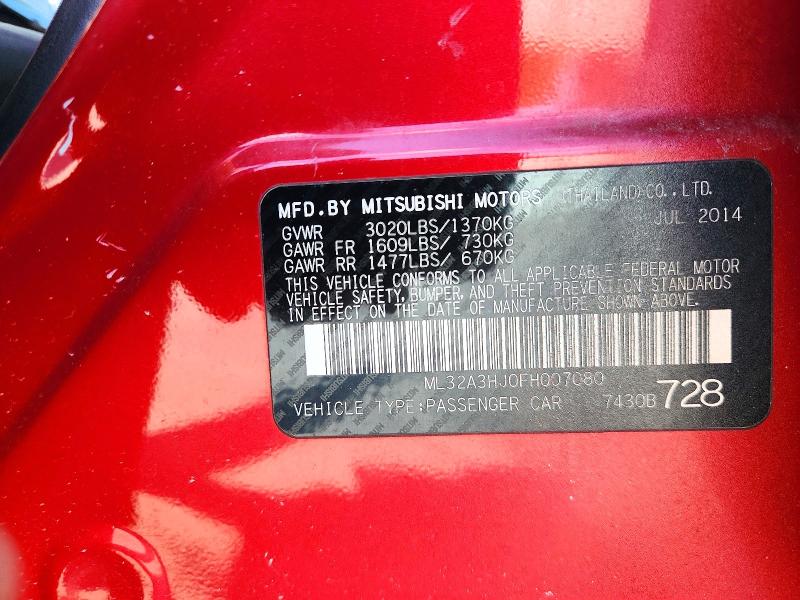 Aukcja sprzedaży 2015 Mitsubishi Mirage, vin: ML32A3HJ0FH007080, numer aukcji: 72789976