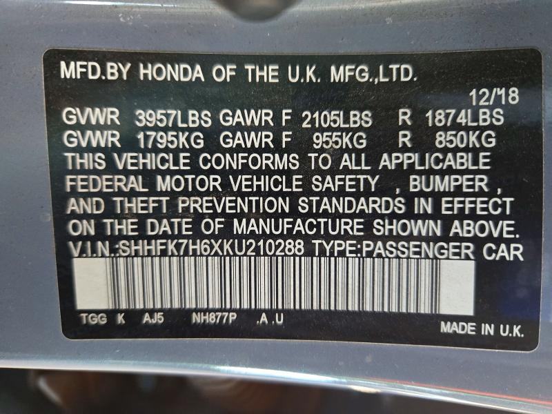 2019 Honda Civic მანქანა იყიდება აუქციონზე, vin: SHHFK7H6XKU210288, აუქციონის ნომერი: 73313986