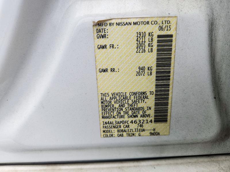 2015 Nissan Altima მანქანა იყიდება აუქციონზე, vin: 1N4AL3AP0FC463214, აუქციონის ნომერი: 72109966