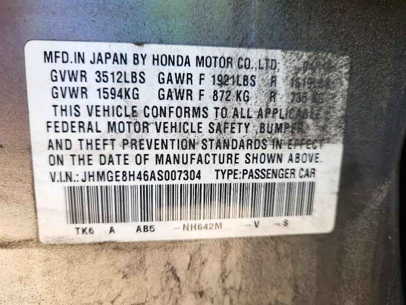 2010 Honda Fit მანქანა იყიდება აუქციონზე, vin: JHMGE8H46AS007304, აუქციონის ნომერი: 72887536