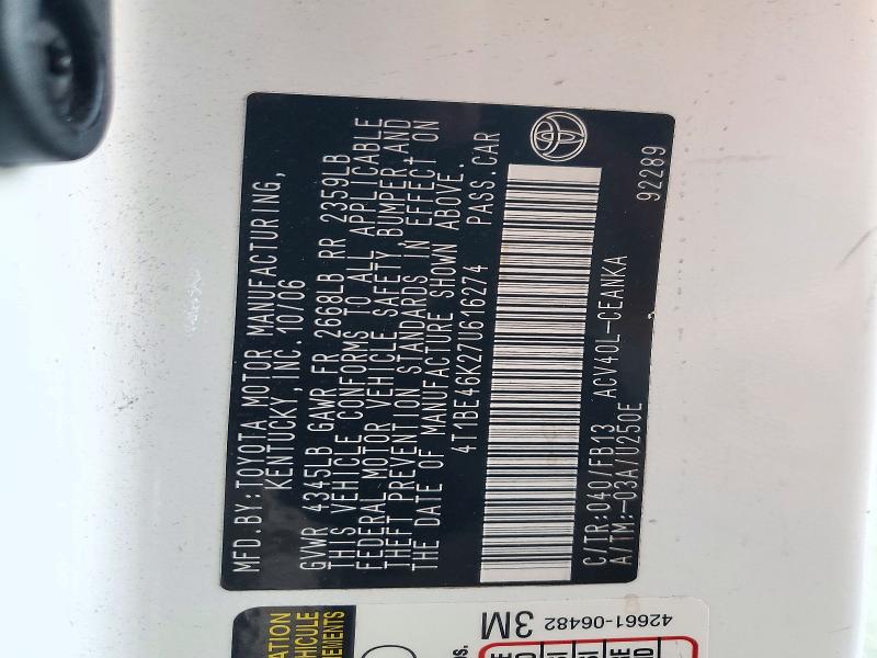 2007 Toyota Camry მანქანა იყიდება აუქციონზე, vin: 4T1BE46K27U616274, აუქციონის ნომერი: 72416906