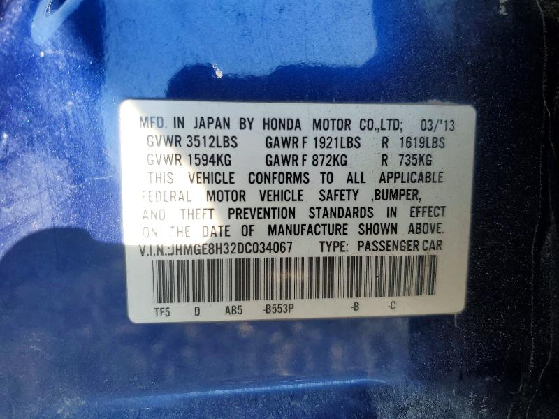2013 Honda Fit მანქანა იყიდება აუქციონზე, vin: JHMGE8H32DC034067, აუქციონის ნომერი: 73126556