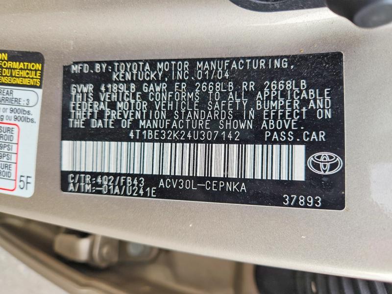 2004 Toyota Camry მანქანა იყიდება აუქციონზე, vin: 4T1BE32K24U307142, აუქციონის ნომერი: 71062506