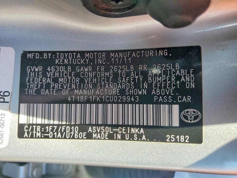 Aukcja sprzedaży 2012 Toyota Camry, vin: 4T1BF1FK1CU029943, numer aukcji: 71118166