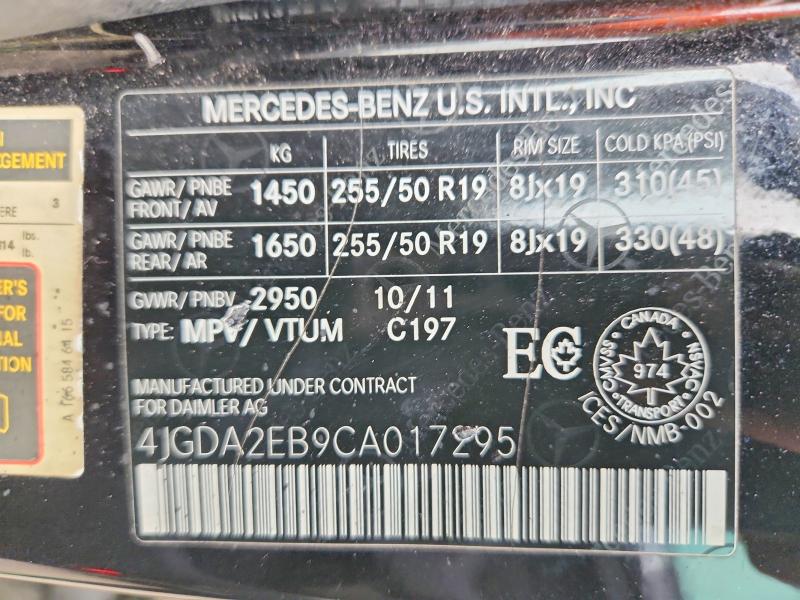 Aukcja sprzedaży 2012 Mercedes-benz Ml, vin: 4JGDA2EB9CA017295, numer aukcji: 70748456