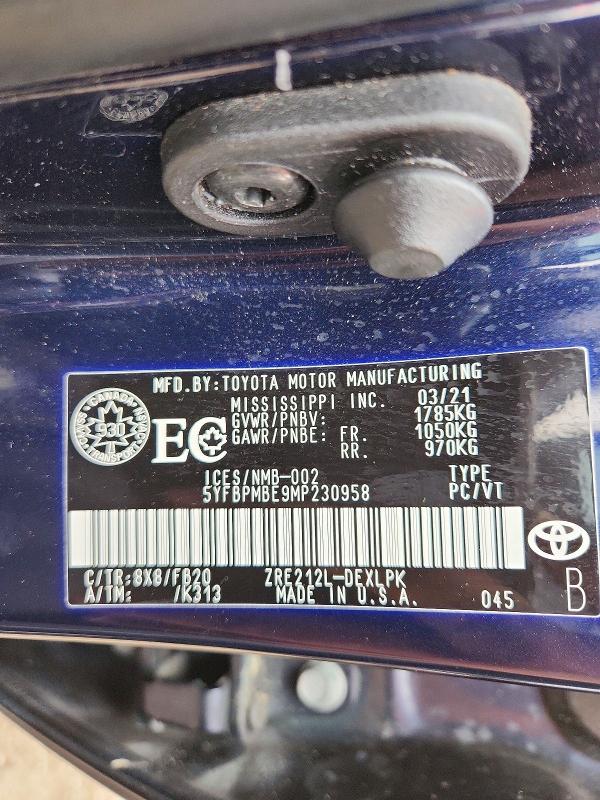 Aukcja sprzedaży 2021 Toyota Corolla, vin: 5YFBPMBE9MP230958, numer aukcji: 69976766