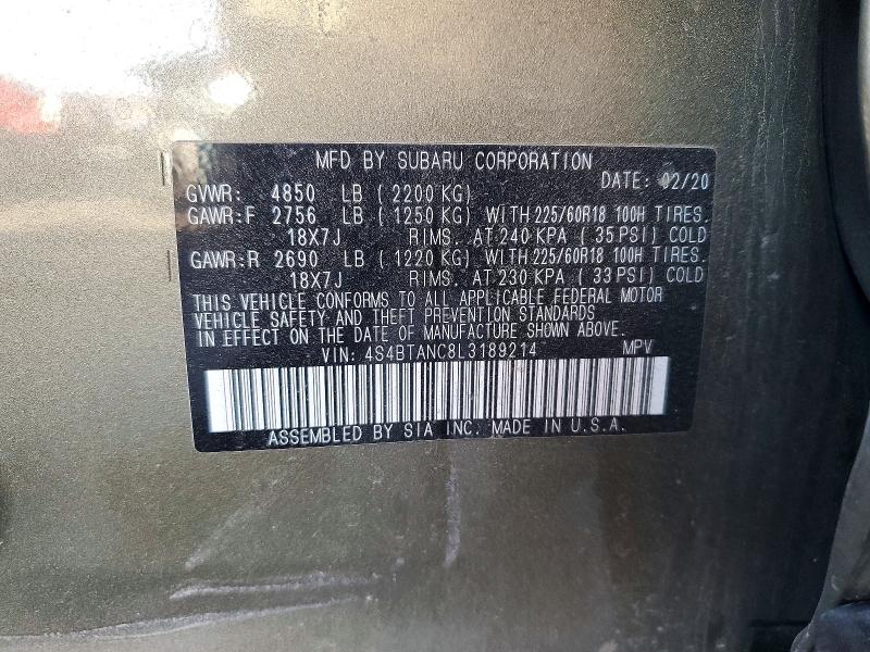 Продаж на аукціоні авто 2020 Subaru Outback, vin: 4S4BTANC8L3189214, номер лоту: 72778886