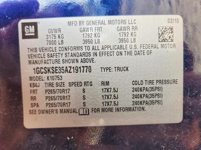 71598466 :رقم المزاد ، 1GCSKSE35AZ191770 vin ، 2010 Chevrolet Silverado مزاد بيع