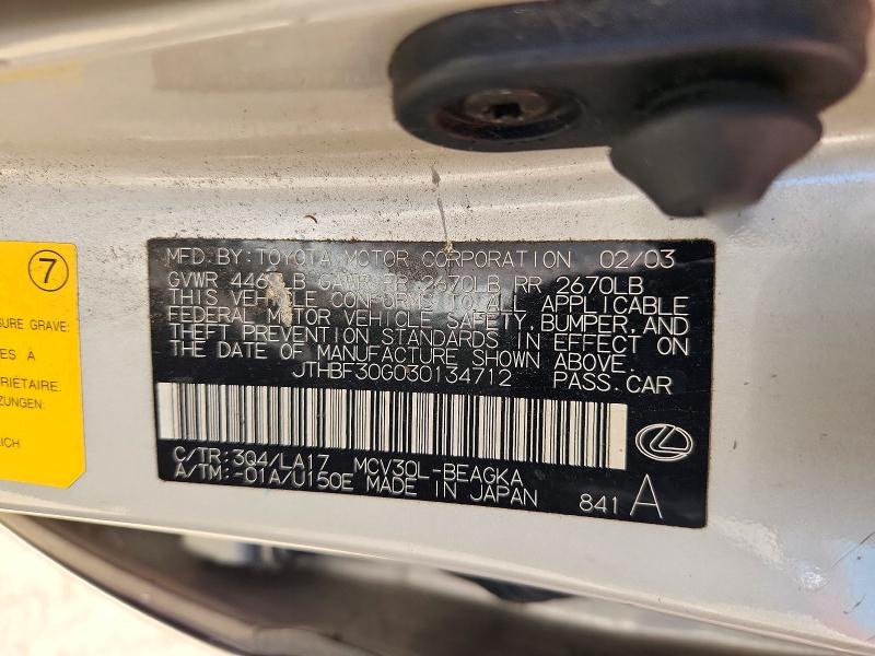 Aukcja sprzedaży 2003 Lexus Es, vin: JTHBF30G030134712, numer aukcji: 72000836