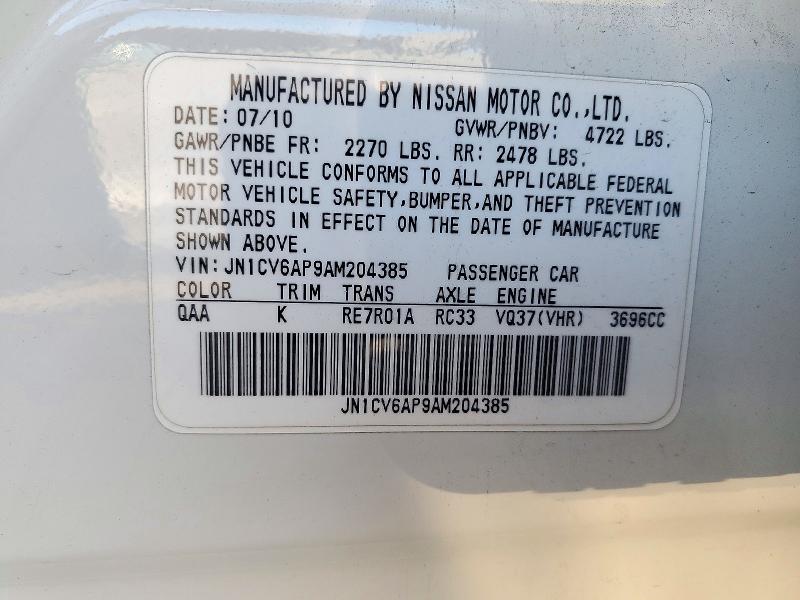 2010 Infiniti G37 Sedan მანქანა იყიდება აუქციონზე, vin: JN1CV6AP9AM204385, აუქციონის ნომერი: 72812776