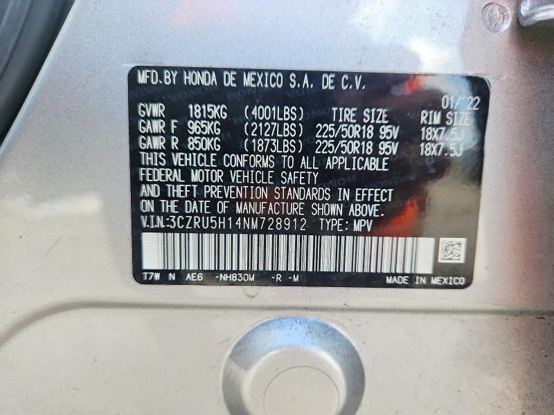71677576 :رقم المزاد ، 3CZRU5H14NM728912 vin ، 2022 Honda Hr-v مزاد بيع