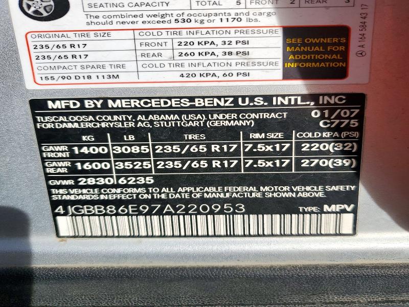 2007 Mercedes-benz Ml მანქანა იყიდება აუქციონზე, vin: 4JGBB86E97A220953, აუქციონის ნომერი: 72392246