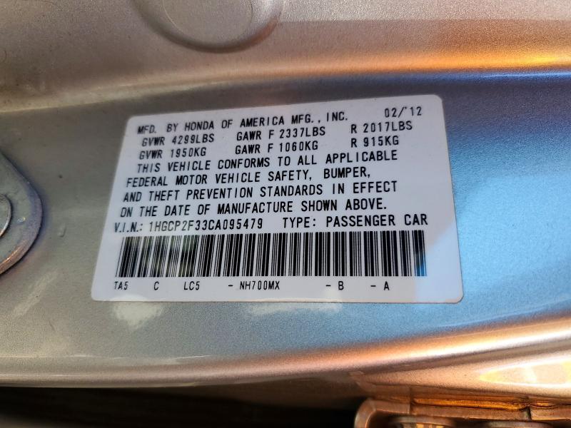 71446856 :رقم المزاد ، 1HGCP2F33CA095479 vin ، 2012 Honda Accord مزاد بيع