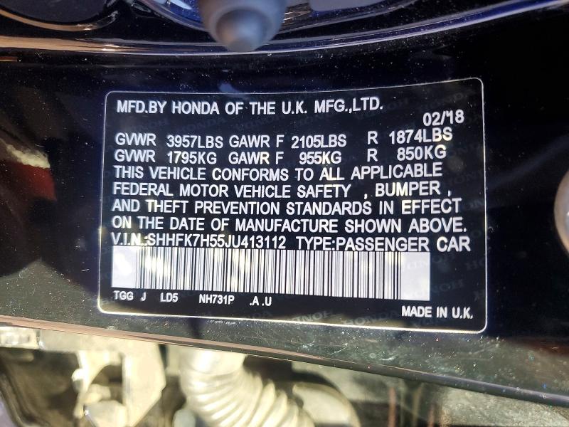 Продаж на аукціоні авто 2018 Honda Civic, vin: SHHFK7H55JU413112, номер лоту: 71644986