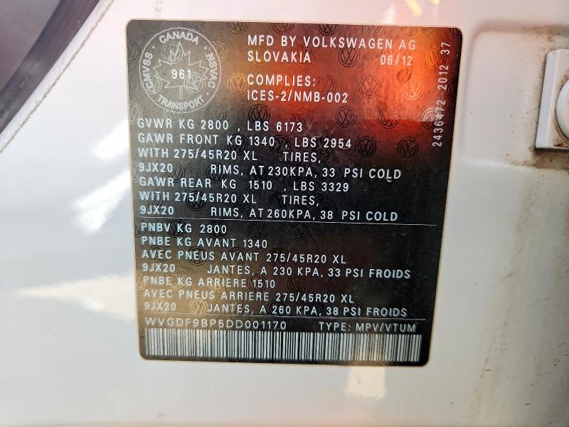Продаж на аукціоні авто 2013 Volkswagen Touareg, vin: WVGDF9BP5DD001170, номер лоту: 71069006