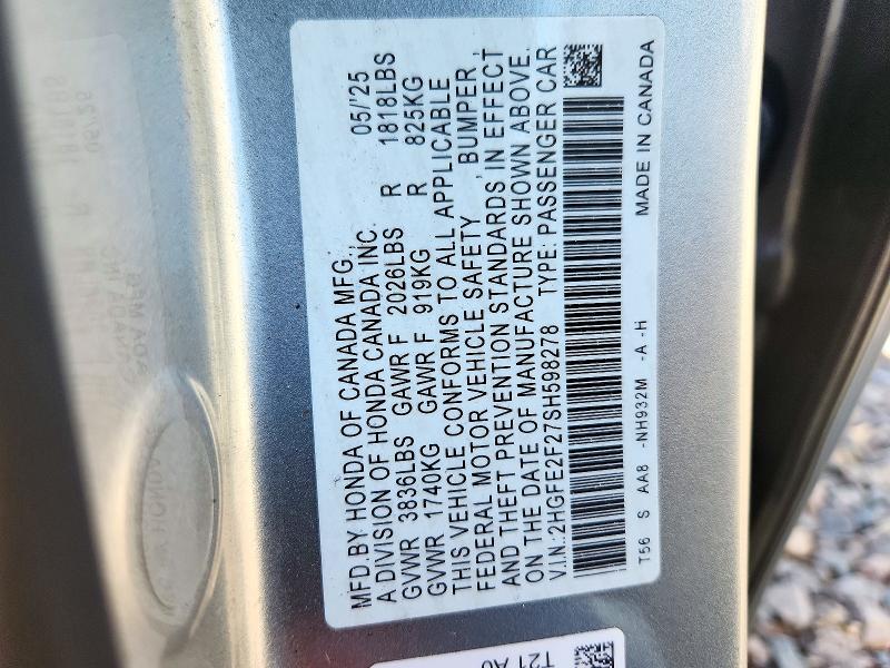 2025 Honda Civic მანქანა იყიდება აუქციონზე, vin: 2HGFE2F27SH598278, აუქციონის ნომერი: 72549596