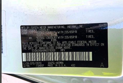 Aukcja sprzedaży 2021 Toyota Highlander, vin: 5TDHZRBHXMS078269, numer aukcji: 72882136