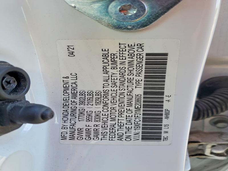 2021 Honda Civic მანქანა იყიდება აუქციონზე, vin: 19XFC1F31ME208605, აუქციონის ნომერი: 71884726
