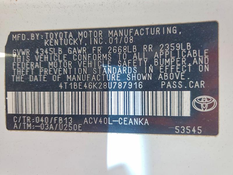 71851716 :رقم المزاد ، 4T1BE46K28U787916 vin ، 2008 Toyota Camry مزاد بيع