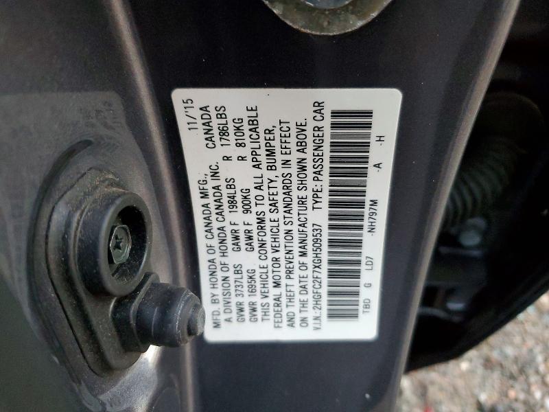 Aukcja sprzedaży 2016 Honda Civic, vin: 2HGFC2F7XGH509537, numer aukcji: 71914066
