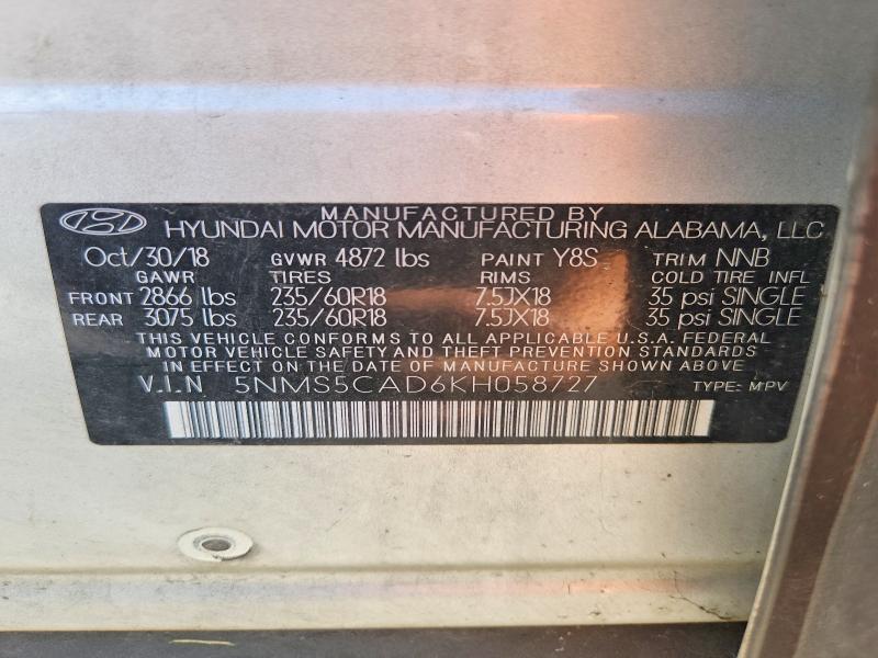Aukcja sprzedaży 2019 Hyundai Santa Fe, vin: 5NMS5CAD6KH058727, numer aukcji: 70837566