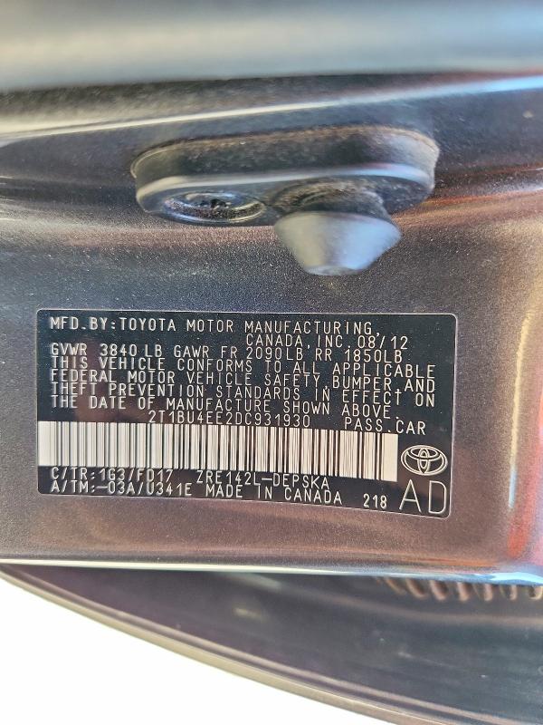 2013 Toyota Corolla მანქანა იყიდება აუქციონზე, vin: 2T1BU4EE2DC931930, აუქციონის ნომერი: 71804546