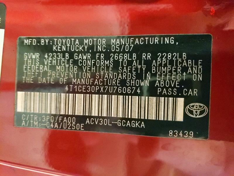 71666076 :رقم المزاد ، 4T1CE30PX7U760674 vin ، 2007 Toyota Camry Solara مزاد بيع