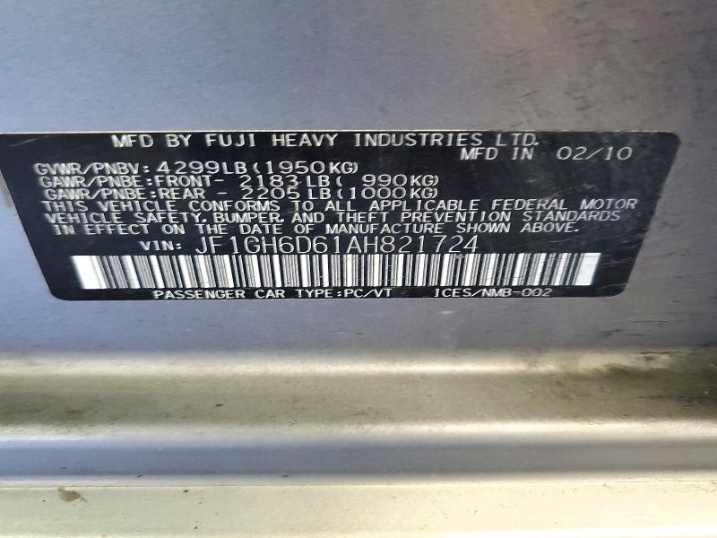2010 Subaru Impreza მანქანა იყიდება აუქციონზე, vin: JF1GH6D61AH821724, აუქციონის ნომერი: 72534156