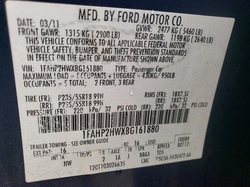 Продажа на аукционе авто 2011 Ford Taurus, vin: 1FAHP2HWXBG161880, номер лота: 71049156