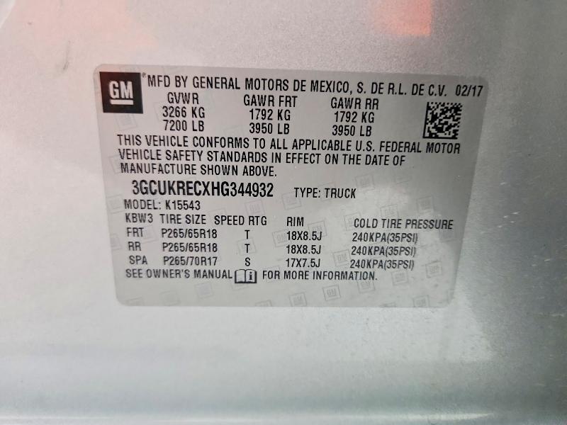 71386066 :رقم المزاد ، 3GCUKRECXHG344932 vin ، 2017 Chevrolet Silverado مزاد بيع