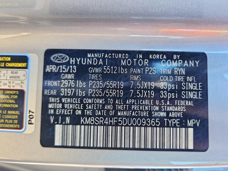 Продаж на аукціоні авто 2013 Hyundai Santa Fe, vin: KM8SR4HF5DU009365, номер лоту: 72000516