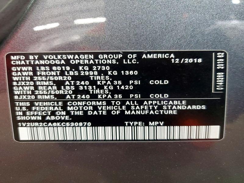 Aukcja sprzedaży 2019 Volkswagen Atlas, vin: 1V2UR2CA6KC530870, numer aukcji: 73354256