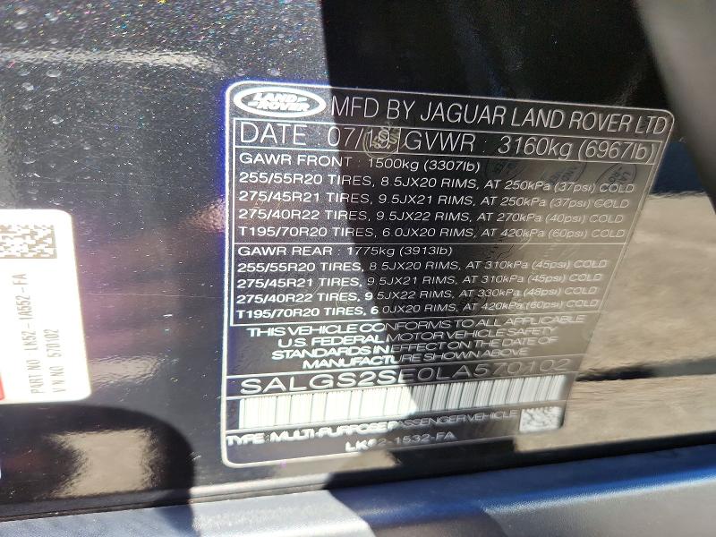 Aukcja sprzedaży 2020 Land Rover Range Rover, vin: SALGS2SE0LA570102, numer aukcji: 72158886