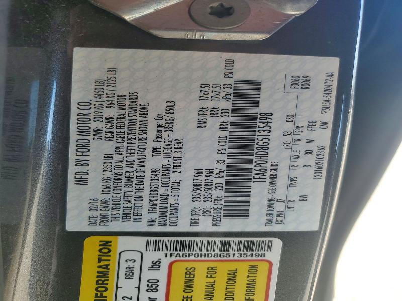 71842016 :رقم المزاد ، 1FA6P0HD8G5135498 vin ، 2016 Ford Fusion مزاد بيع