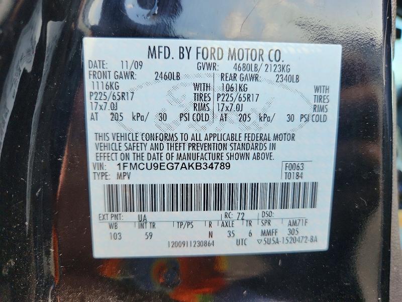2010 Ford Escape მანქანა იყიდება აუქციონზე, vin: 1FMCU9EG7AKB34789, აუქციონის ნომერი: 70955186