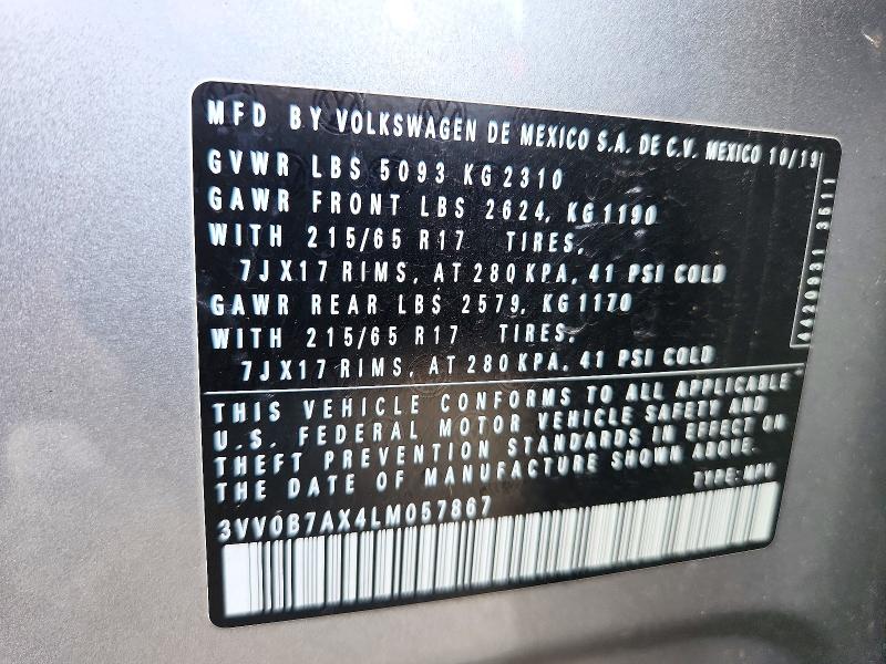 72317576 :رقم المزاد ، 3VV0B7AX4LM057867 vin ، 2020 Volkswagen Tiguan مزاد بيع