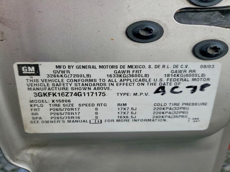 Aukcja sprzedaży 2004 Gmc Yukon Xl, vin: 3GKFK16Z74G117175, numer aukcji: 71114956
