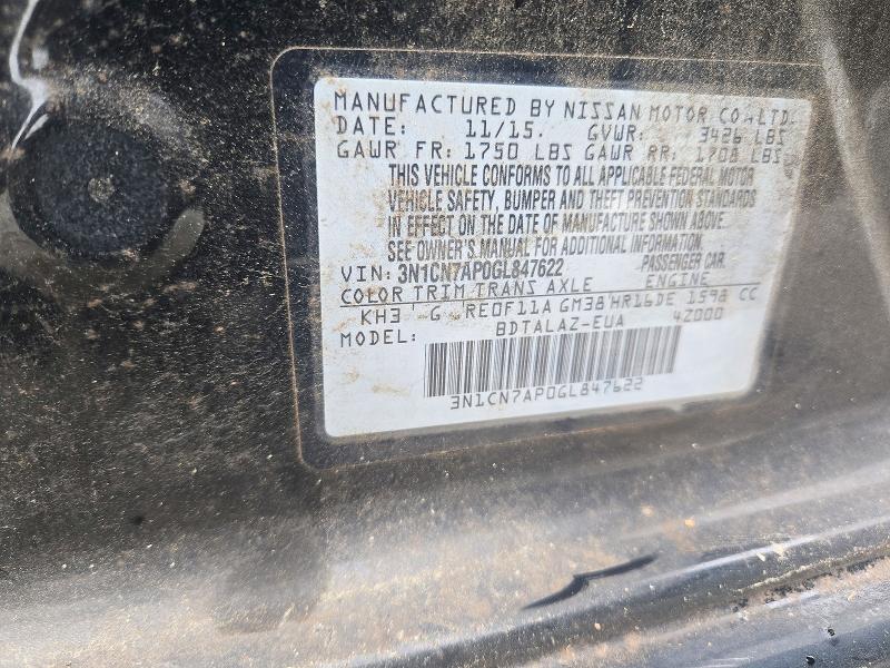 2016 Nissan Versa მანქანა იყიდება აუქციონზე, vin: 3N1CN7AP0GL847622, აუქციონის ნომერი: 72399066