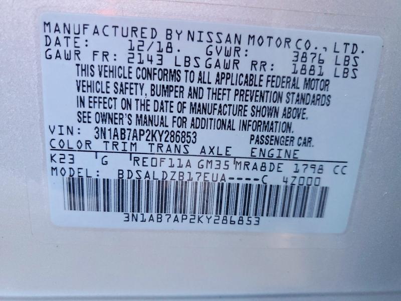 2019 Nissan Sentra მანქანა იყიდება აუქციონზე, vin: 3N1AB7AP2KY286853, აუქციონის ნომერი: 68844836