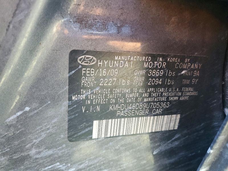 Auction sale of the 2009 Hyundai Elantra, vin: KMHDU46D89U705363, lot number: 72393446